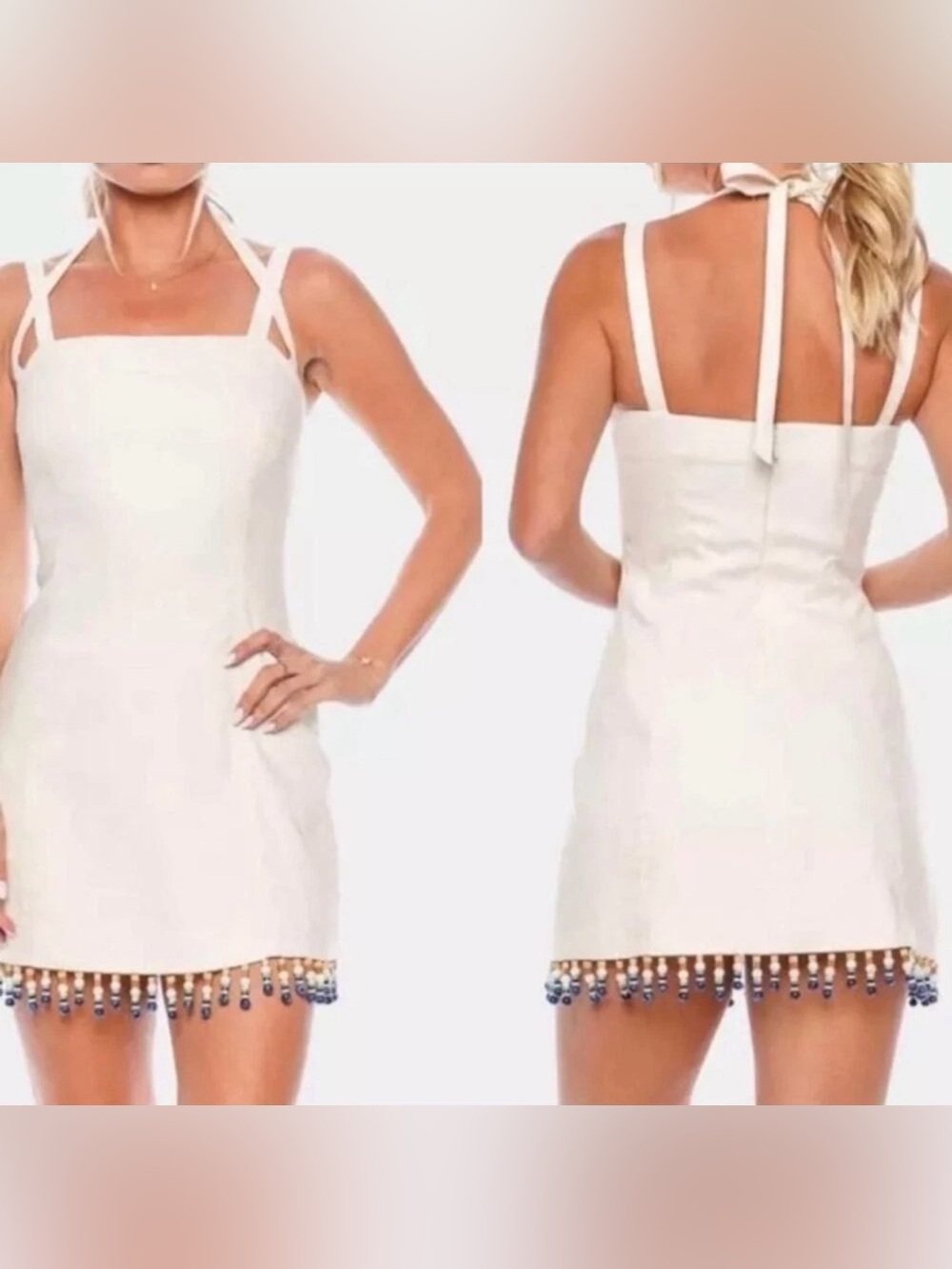 House of Harlow 1960 White Mini Linen Blend Strap Summer Dress with Beaded Hem S